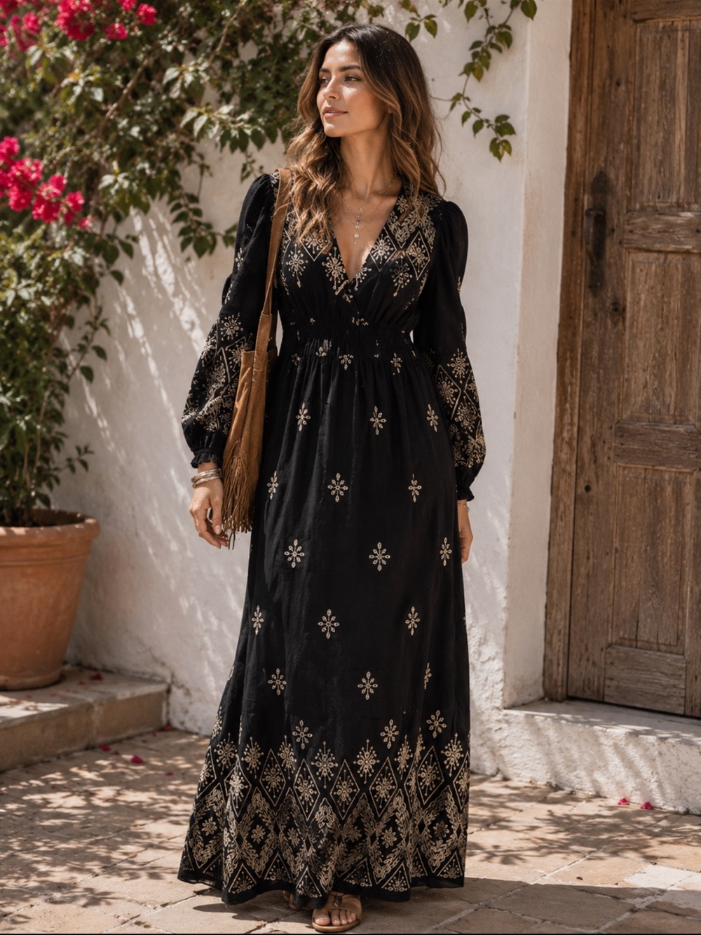 ShopEvelynne Black Maxi Dress with Gold Embroidery